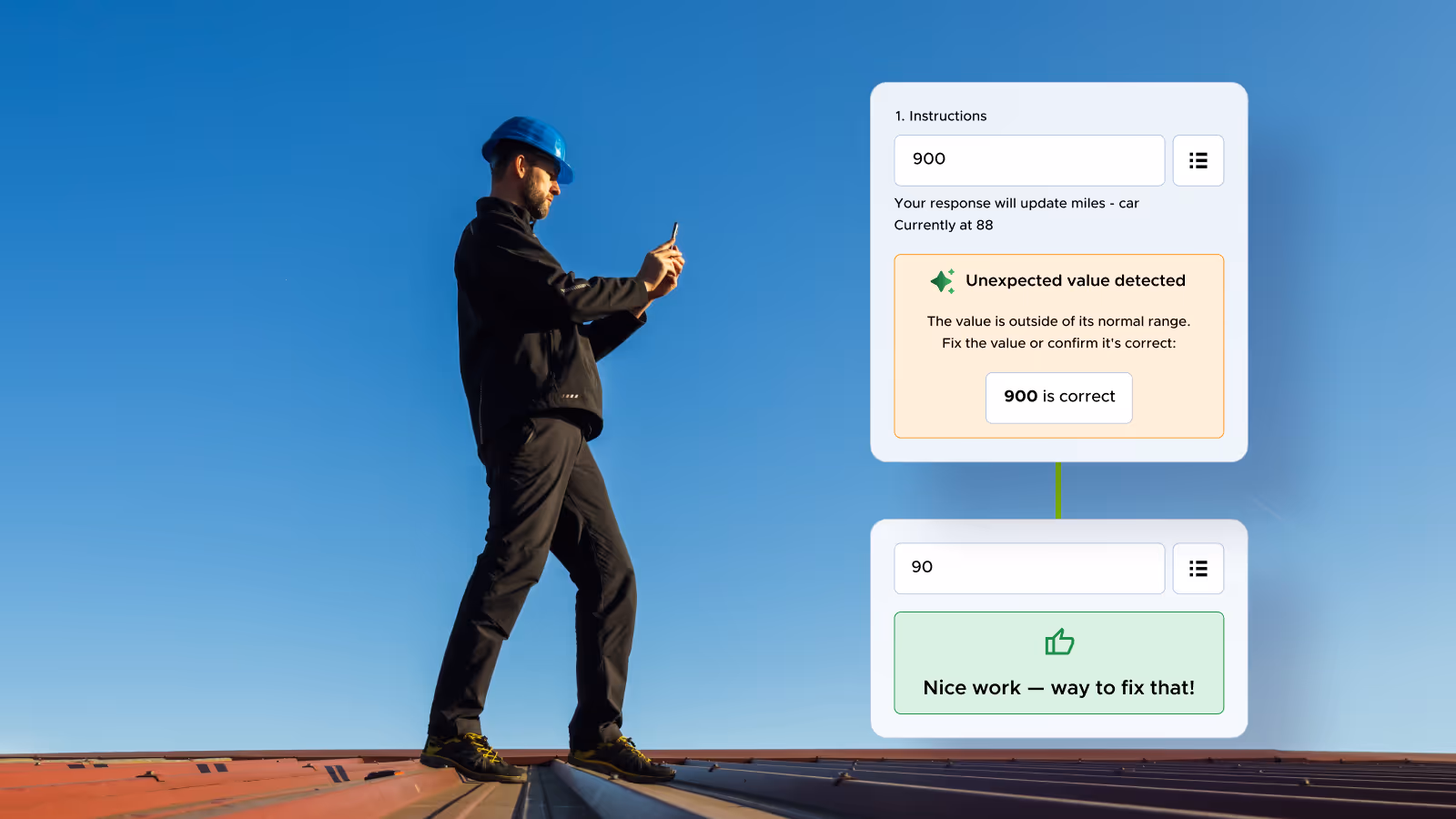Man wearing a blue hard hat standing on a corrugated metal roof, holding a smartphone, with a UI overlay showing data input fields for car mileage and validation messages.